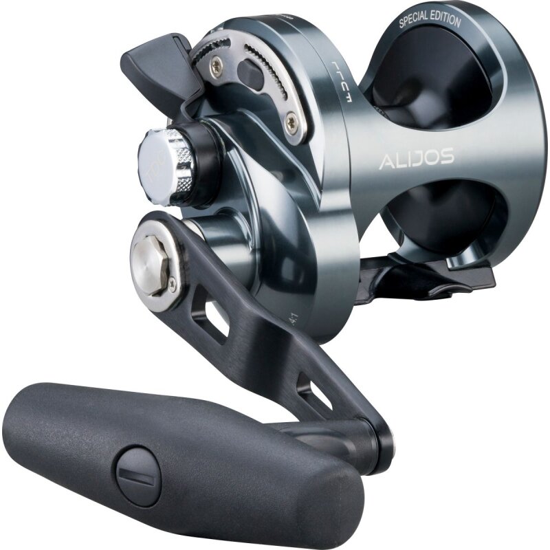 OKUMA Alijos 12 II Jigging 2 Speed RH fishing reel with ergonomic handle, durable metal construction, and sleek silver finish.