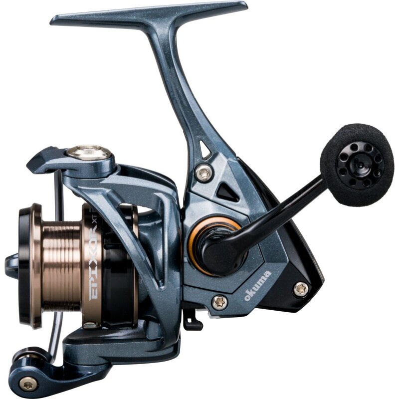 OKUMA Epixor XT Spin 40 fishing reel with sleek graphite body, precision gearing, and ergonomic handle for smooth spinning performance.