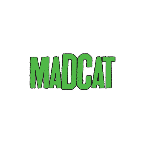 MadCat logo featuring bold, distressed green lettering, representing a specialized brand focused on high-quality fishing gear and accessories for catfish anglers