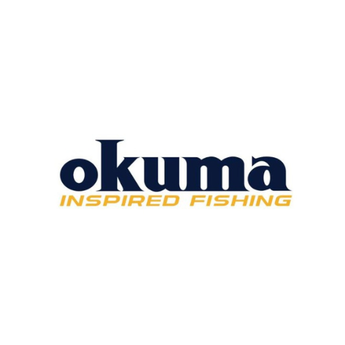 Okuma logo with bold blue text for the brand name and the tagline 'Inspired Fishing' in a sleek yellow font below, reflecting innovation in fishing gear