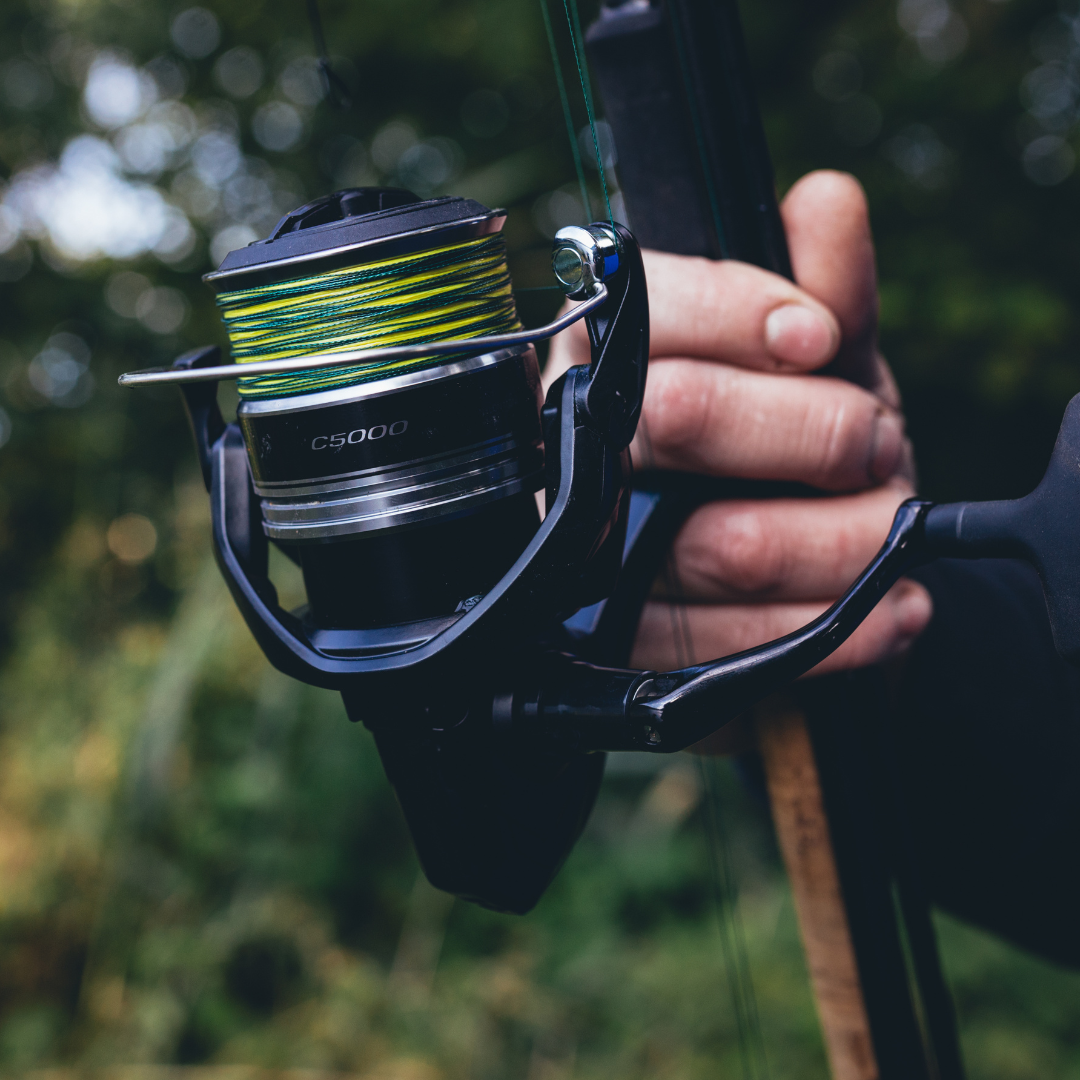 Shimano Aero BB C5000 fishing reel in use, mounted on a rod with green fishing line, held by an angler outdoors.
