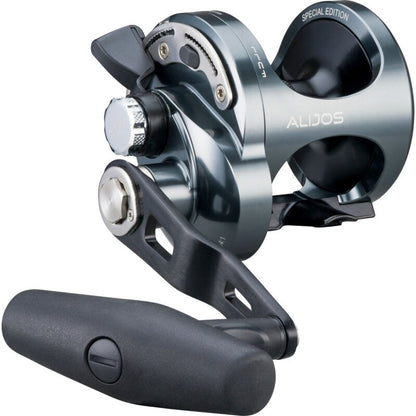 OKUMA Alijos 12 SII Jigging 2 Speed RH fishing reel with ergonomic handle, sleek metallic finish, and durable construction for saltwater fishing.
