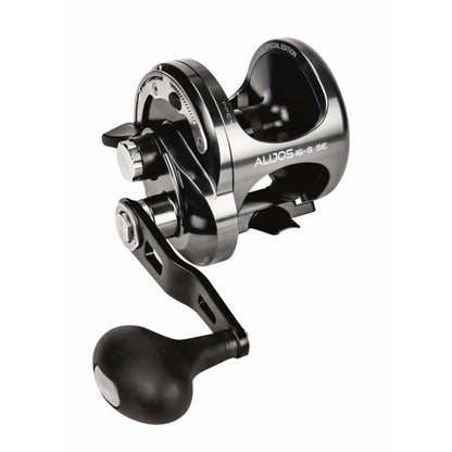 OKUMA Alijos 16II Trolling 2 Speed RH fishing reel with a sleek black design, ergonomic handle, and durable construction for saltwater fishing.