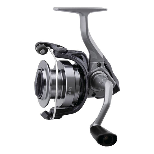 OKUMA Azakai 45 fishing reel with a sleek silver and black design, featuring a durable handle and precision spool for smooth casting.