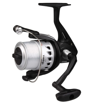 OKUMA Electron Front Drag 180 fishing reel featuring a sleek black and silver design, durable construction, and front drag system for precision control.
