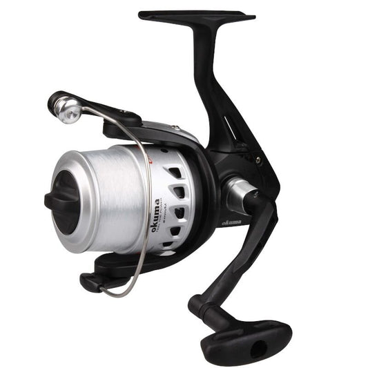 OKUMA Electron Front Drag 180 fishing reel featuring a sleek black and silver design, durable construction, and front drag system for precision control.