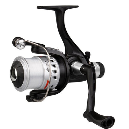OKUMA Electron Rear Drag 140 fishing reel with sleek black design, ergonomic handle, and durable rear drag system for precision angling.