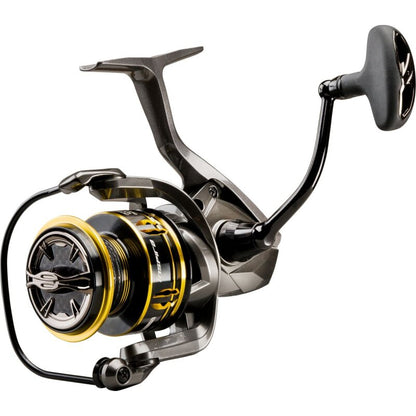 OKUMA Inspira Spin HighSpeed 2500HA fishing reel with sleek black and gold design, featuring a lightweight frame and ergonomic handle.